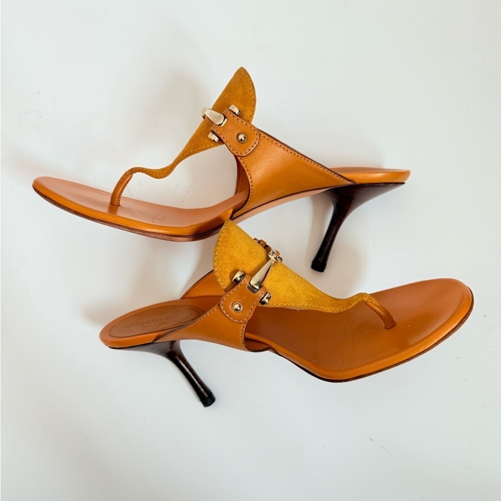 Gucci Mustard Yellow Suede Leather hasler horsebit thong heel sandals US 8 - Picture 6 of 9